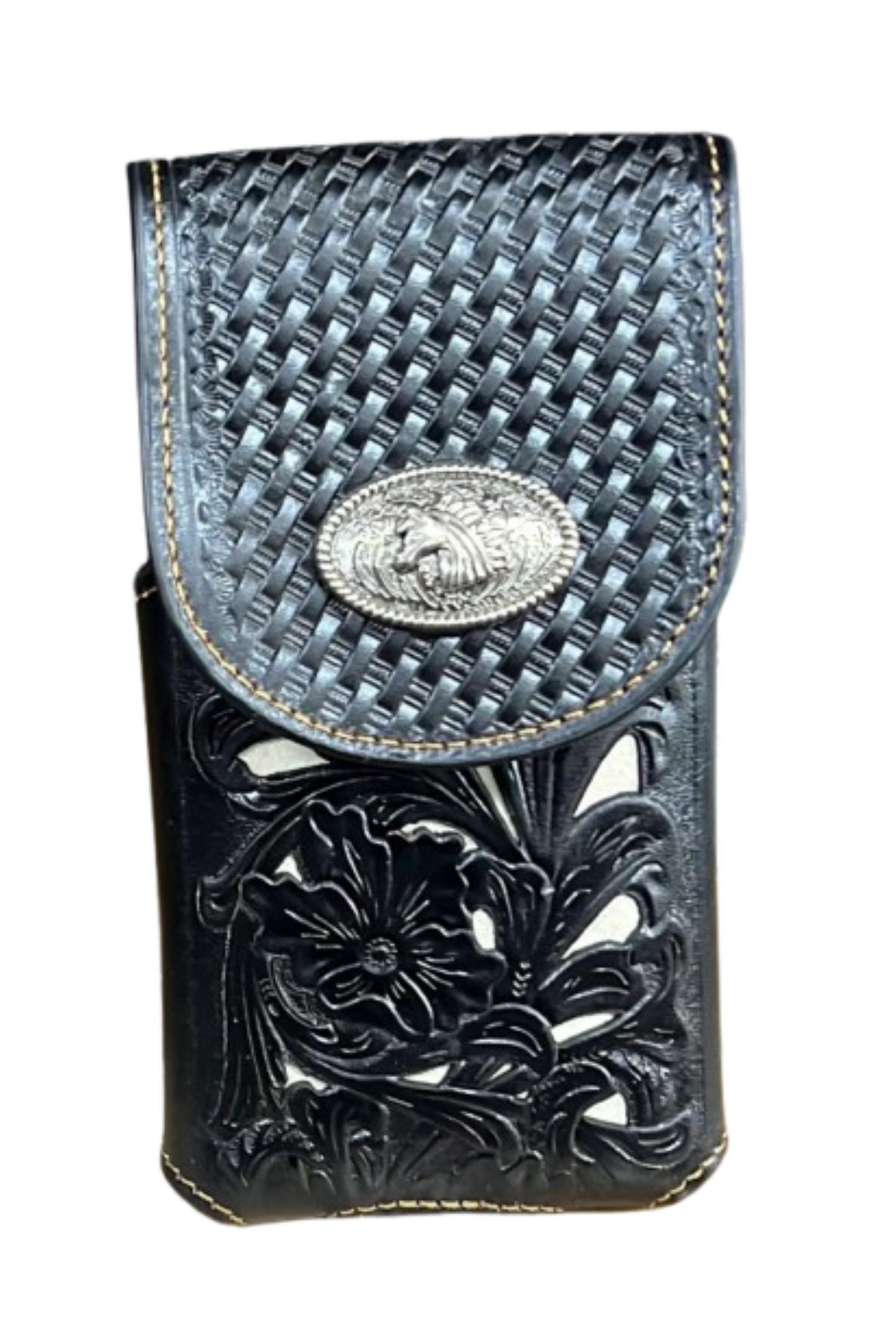 7" HORSE BLACK WHITE LEATHER POUCH EXTRA LARGE  BELT LOOP HOLSTER CELL PHONE CASE UNIVERSAL OVERSIZE HANDMADE #EH13847