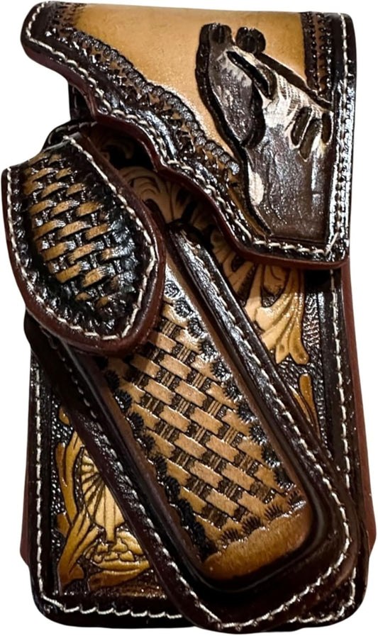 HORSE LEATHER HOLSTER PHONE POUCH WITH KNIFE HOLDER FRONT EXTRA LARGE  BELT LOOP CELL PHONE CASE UNIVERSAL OVERSIZE #EH12977