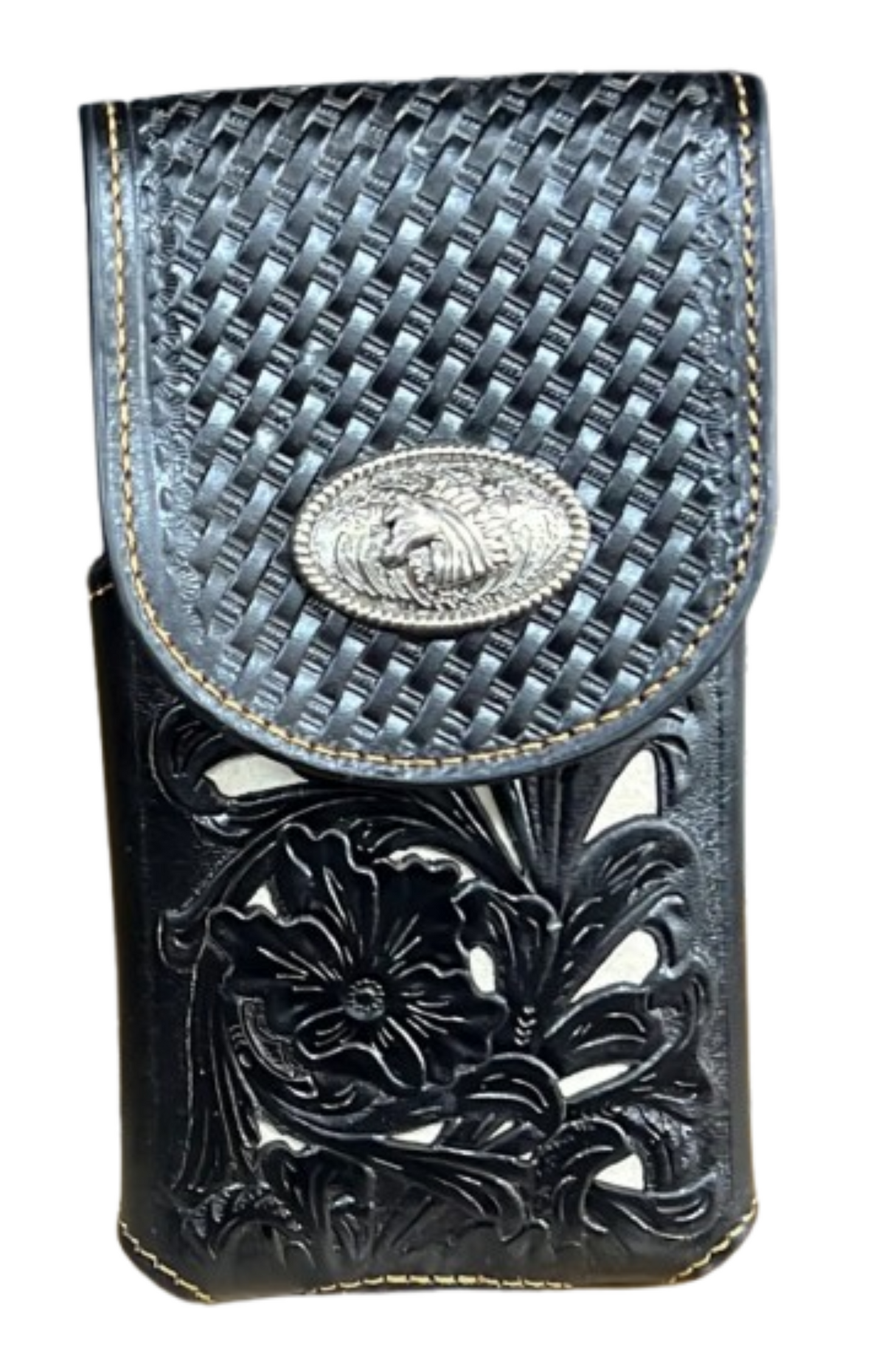 7" HORSE BLACK WHITE LEATHER POUCH EXTRA LARGE  BELT LOOP HOLSTER CELL PHONE CASE UNIVERSAL OVERSIZE HANDMADE #EH13847