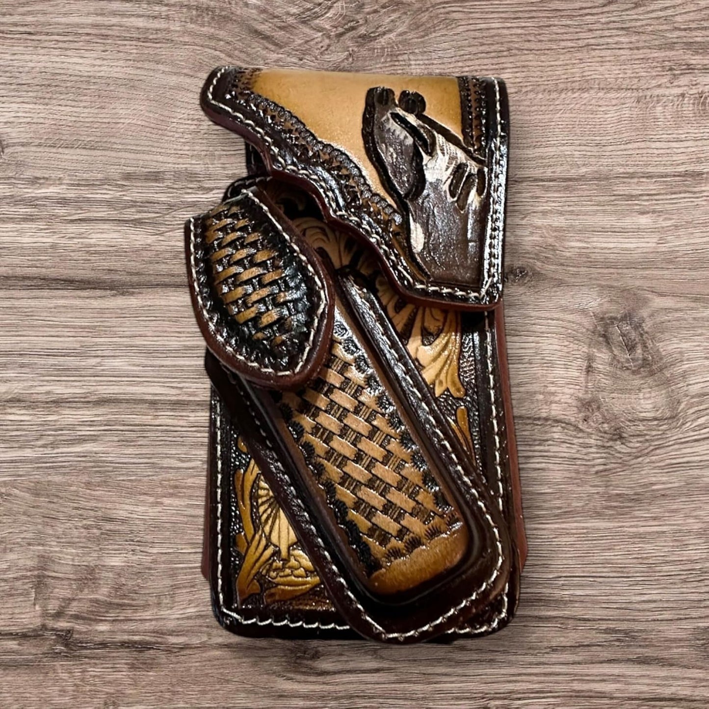HORSE LEATHER HOLSTER PHONE POUCH WITH KNIFE HOLDER FRONT EXTRA LARGE  BELT LOOP CELL PHONE CASE UNIVERSAL OVERSIZE #EH12977