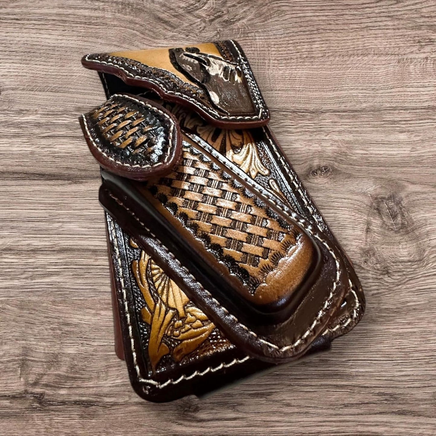 HORSE LEATHER HOLSTER PHONE POUCH WITH KNIFE HOLDER FRONT EXTRA LARGE  BELT LOOP CELL PHONE CASE UNIVERSAL OVERSIZE #EH12977