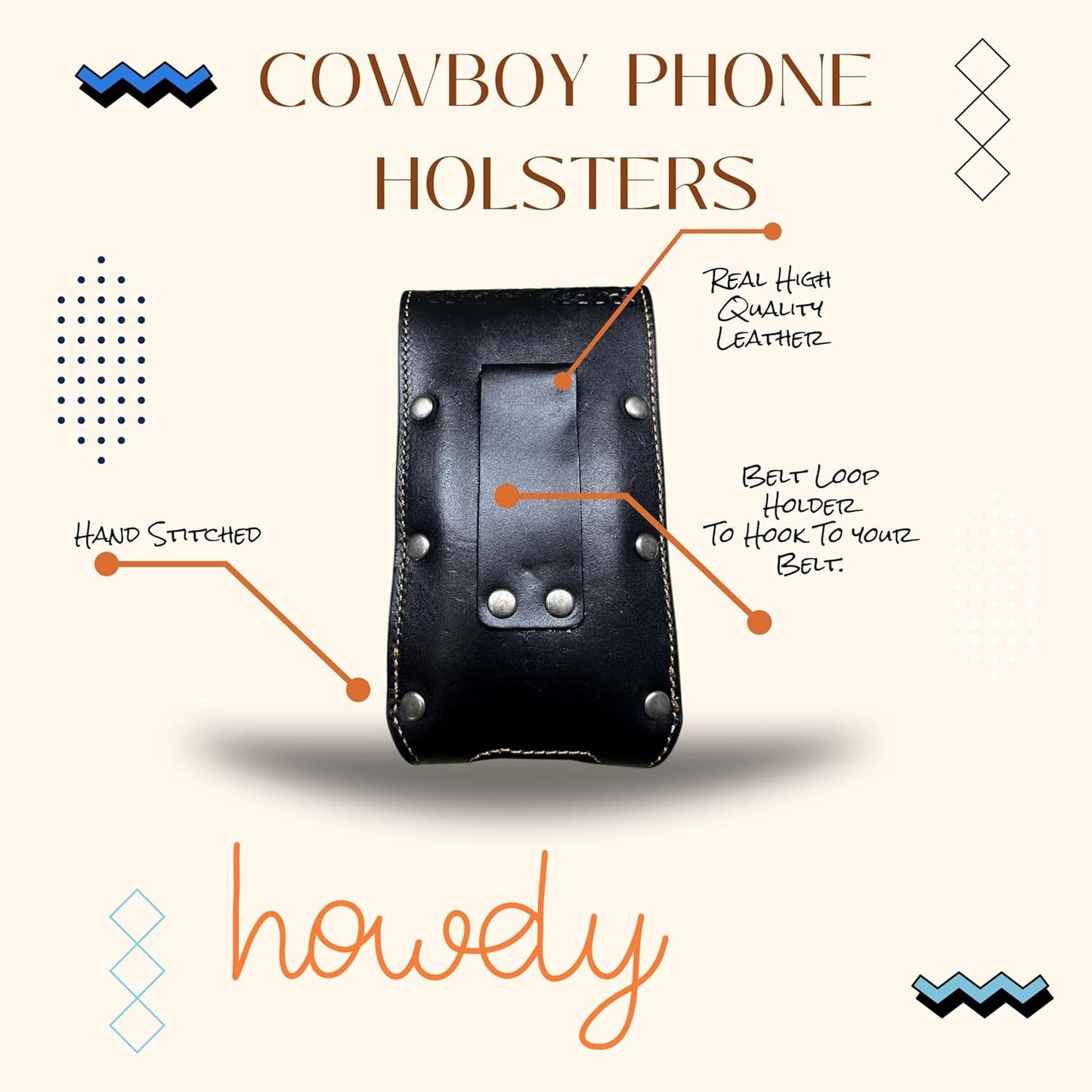 7" HORSE BLACK WHITE LEATHER POUCH EXTRA LARGE  BELT LOOP HOLSTER CELL PHONE CASE UNIVERSAL OVERSIZE HANDMADE #EH13847