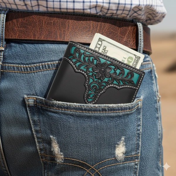 MEN'S WALLET GENUINE LEATHER BIFOLD WESTERN STYLE WALLET NEW