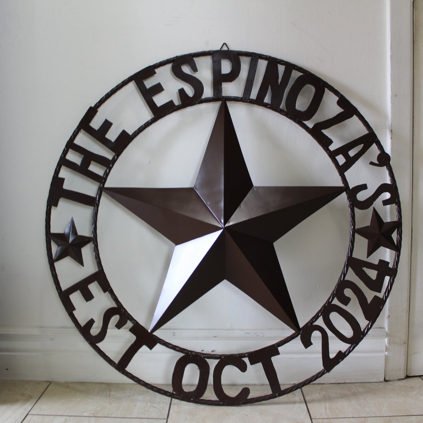 THE ESPINOZA STAR STYLE YOUR CUSTOM FAMILY NAME STAR METAL BARN STAR TWISTED ROPE RING WESTERN HOME DECOR RUSTIC BROWN HANDMADE 24",32",36",40",50"