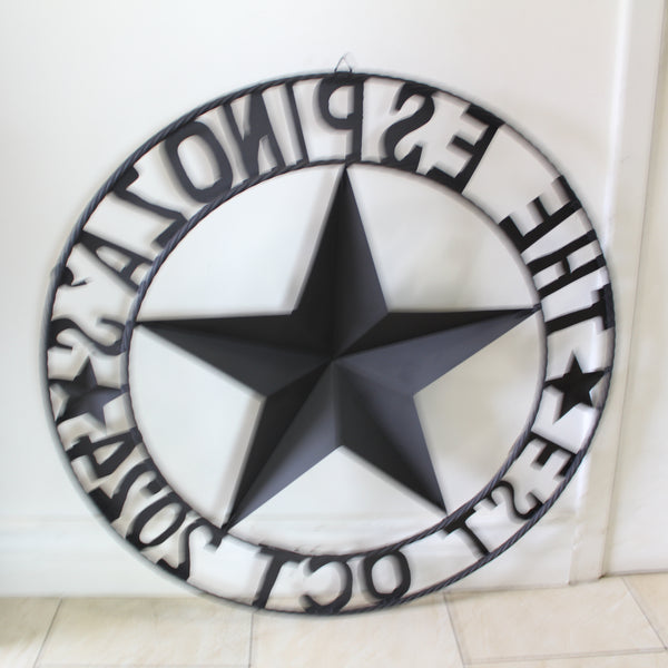 THE ESPINOZA STAR STYLE YOUR CUSTOM FAMILY NAME STAR METAL BARN STAR TWISTED ROPE RING WESTERN HOME DECOR RUSTIC BROWN HANDMADE 24",32",36",40",50"