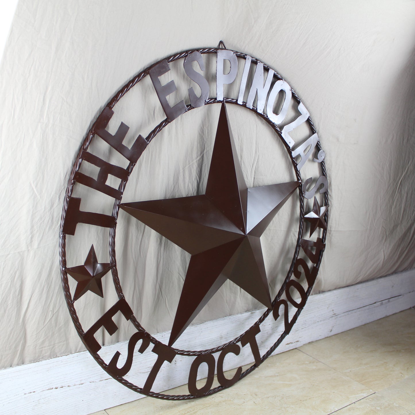 THE ESPINOZA STAR STYLE YOUR CUSTOM FAMILY NAME STAR METAL BARN STAR TWISTED ROPE RING WESTERN HOME DECOR RUSTIC BROWN HANDMADE 24",32",36",40",50"