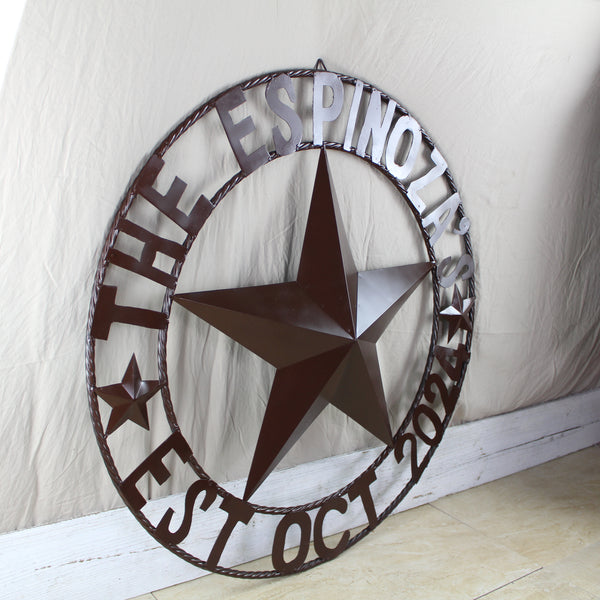 THE ESPINOZA STAR STYLE YOUR CUSTOM FAMILY NAME STAR METAL BARN STAR TWISTED ROPE RING WESTERN HOME DECOR RUSTIC BROWN HANDMADE 24",32",36",40",50"