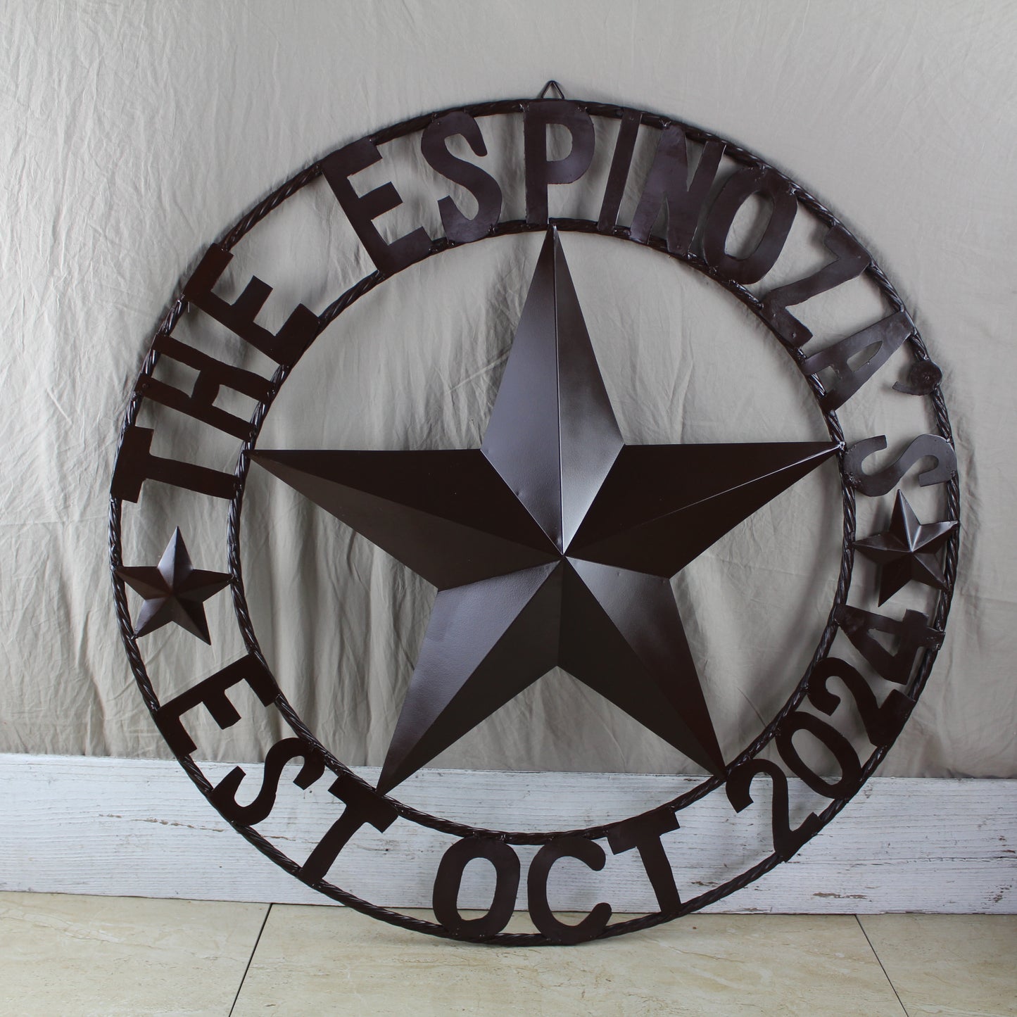THE ESPINOZA STAR STYLE YOUR CUSTOM FAMILY NAME STAR METAL BARN STAR TWISTED ROPE RING WESTERN HOME DECOR RUSTIC BROWN HANDMADE 24",32",36",40",50"