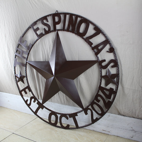 THE ESPINOZA STAR STYLE YOUR CUSTOM FAMILY NAME STAR METAL BARN STAR TWISTED ROPE RING WESTERN HOME DECOR RUSTIC BROWN HANDMADE 24",32",36",40",50"