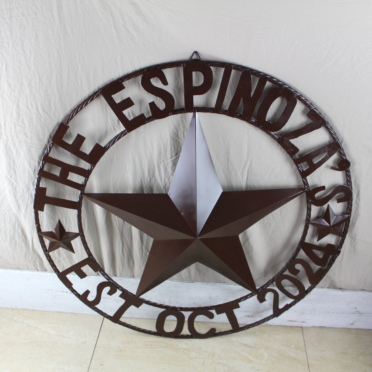 THE ESPINOZA STAR STYLE YOUR CUSTOM FAMILY NAME STAR METAL BARN STAR TWISTED ROPE RING WESTERN HOME DECOR RUSTIC BROWN HANDMADE 24",32",36",40",50"