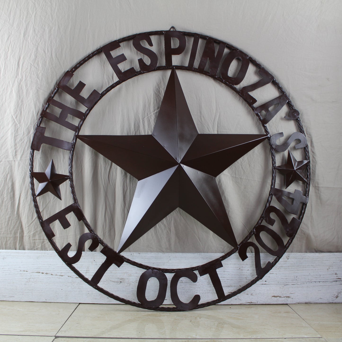 THE ESPINOZA STAR STYLE YOUR CUSTOM FAMILY NAME STAR METAL BARN STAR TWISTED ROPE RING WESTERN HOME DECOR RUSTIC BROWN HANDMADE 24",32",36",40",50"