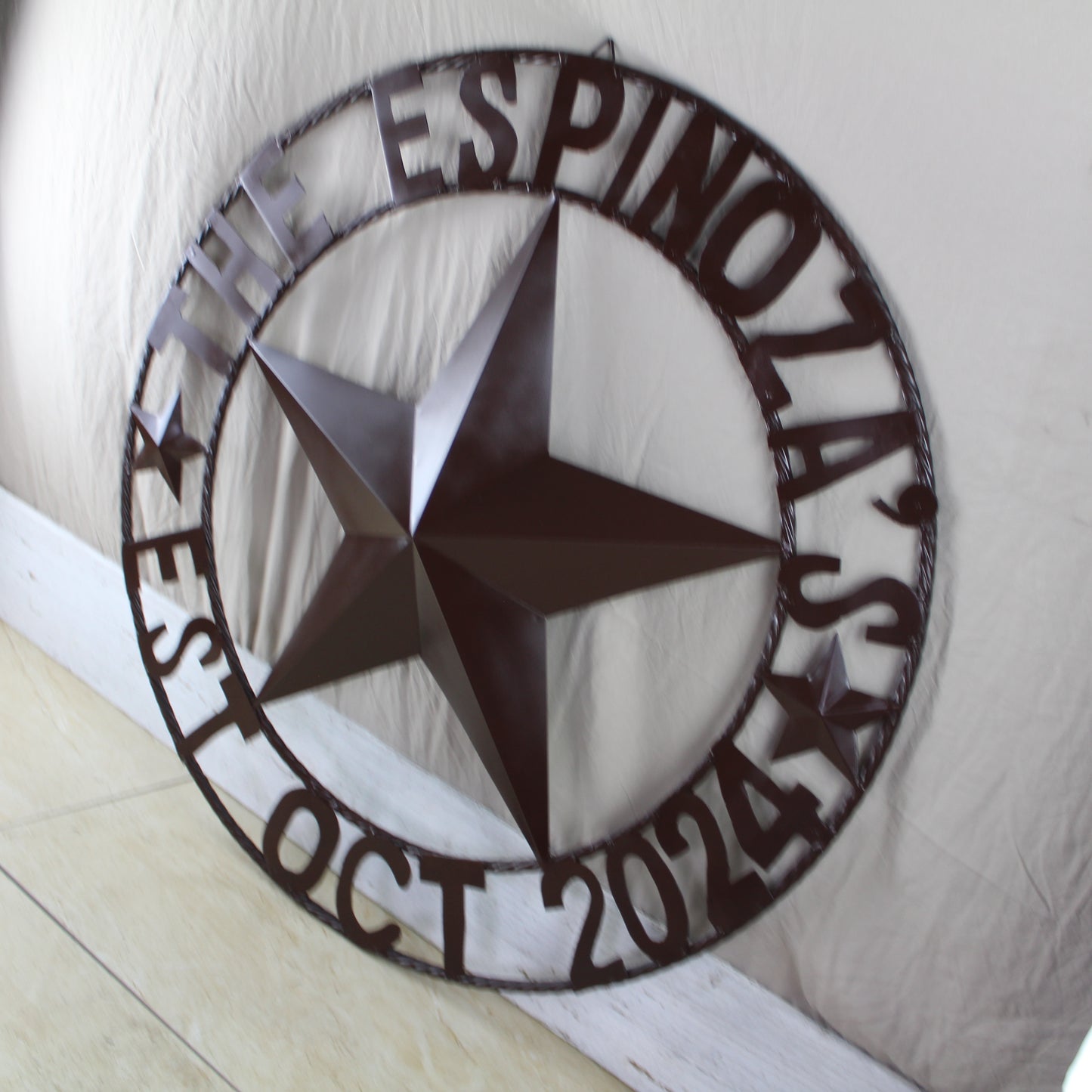 THE ESPINOZA STAR STYLE YOUR CUSTOM FAMILY NAME STAR METAL BARN STAR TWISTED ROPE RING WESTERN HOME DECOR RUSTIC BROWN HANDMADE 24",32",36",40",50"