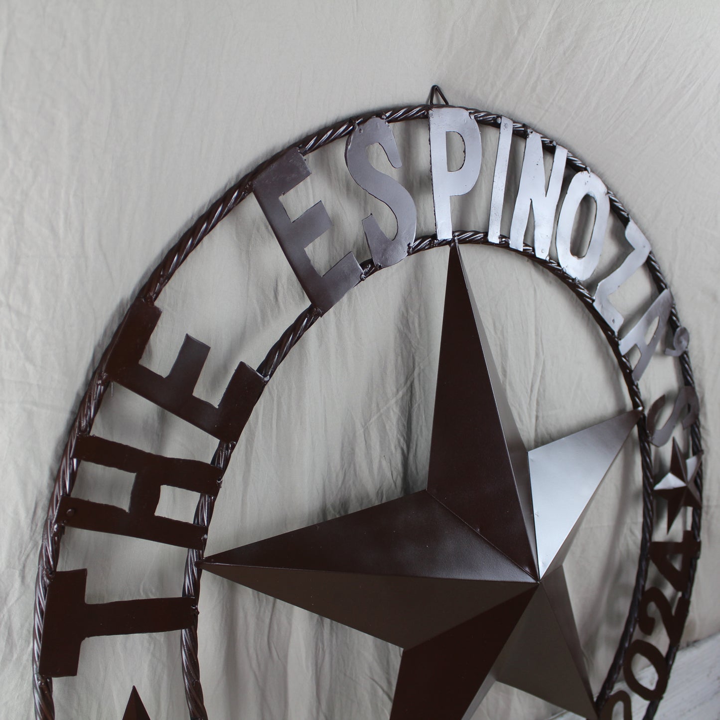 THE ESPINOZA STAR STYLE YOUR CUSTOM FAMILY NAME STAR METAL BARN STAR TWISTED ROPE RING WESTERN HOME DECOR RUSTIC BROWN HANDMADE 24",32",36",40",50"