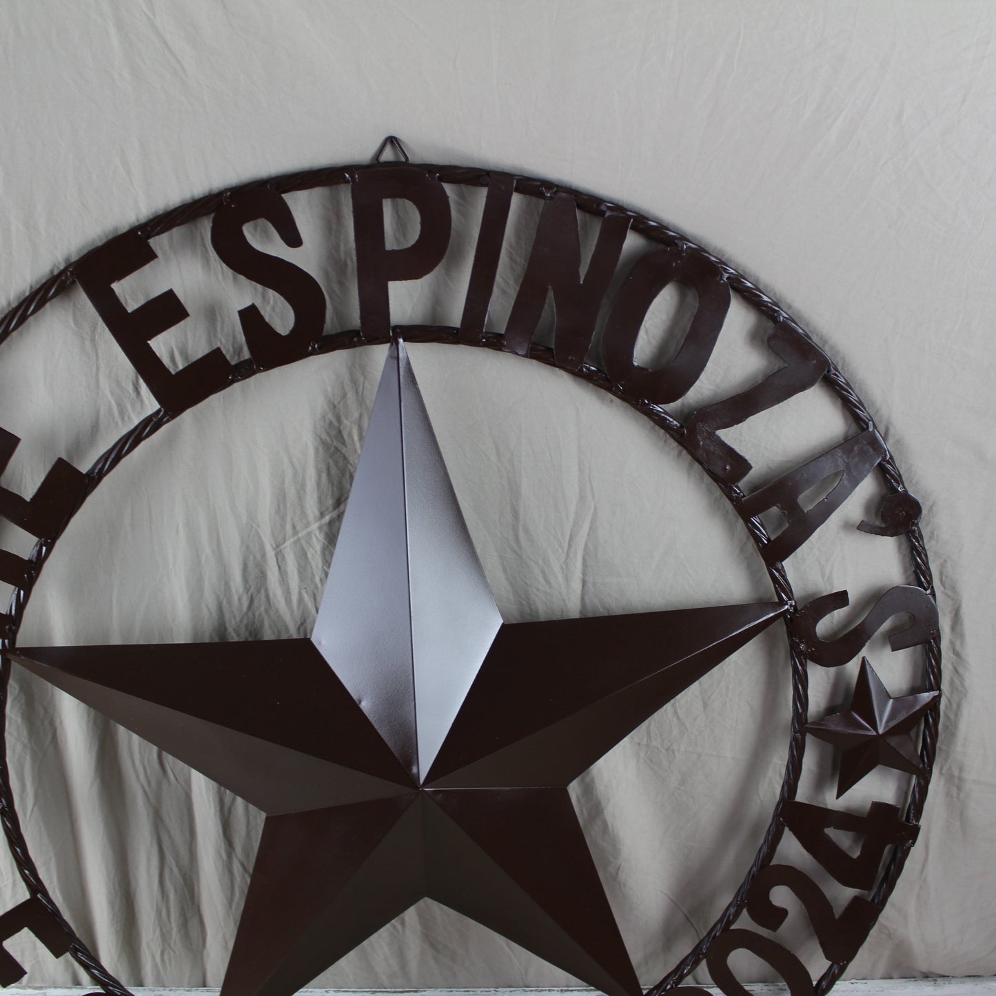 THE ESPINOZA STAR STYLE YOUR CUSTOM FAMILY NAME STAR METAL BARN STAR TWISTED ROPE RING WESTERN HOME DECOR RUSTIC BROWN HANDMADE 24",32",36",40",50"