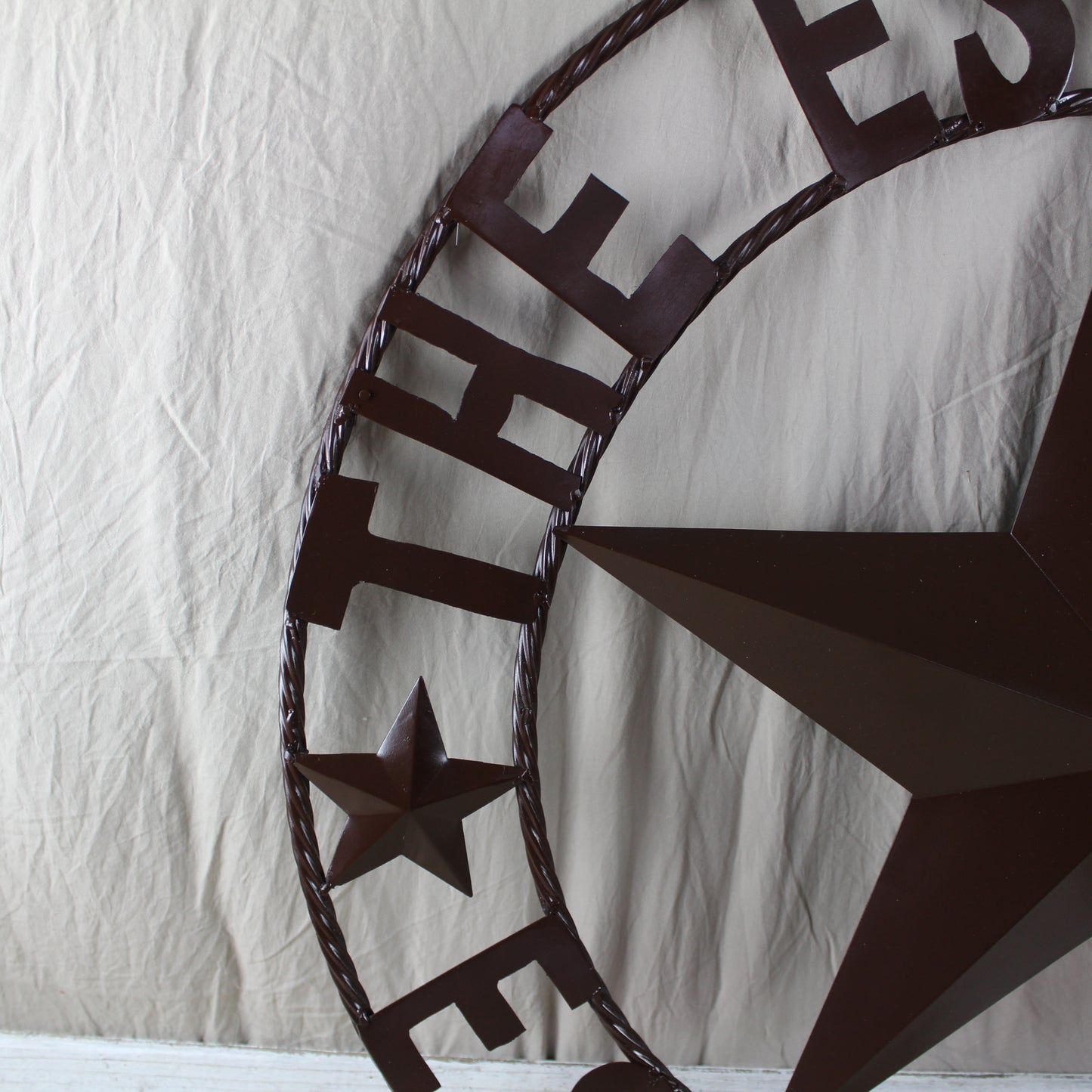 THE ESPINOZA STAR STYLE YOUR CUSTOM FAMILY NAME STAR METAL BARN STAR TWISTED ROPE RING WESTERN HOME DECOR RUSTIC BROWN HANDMADE 24",32",36",40",50"