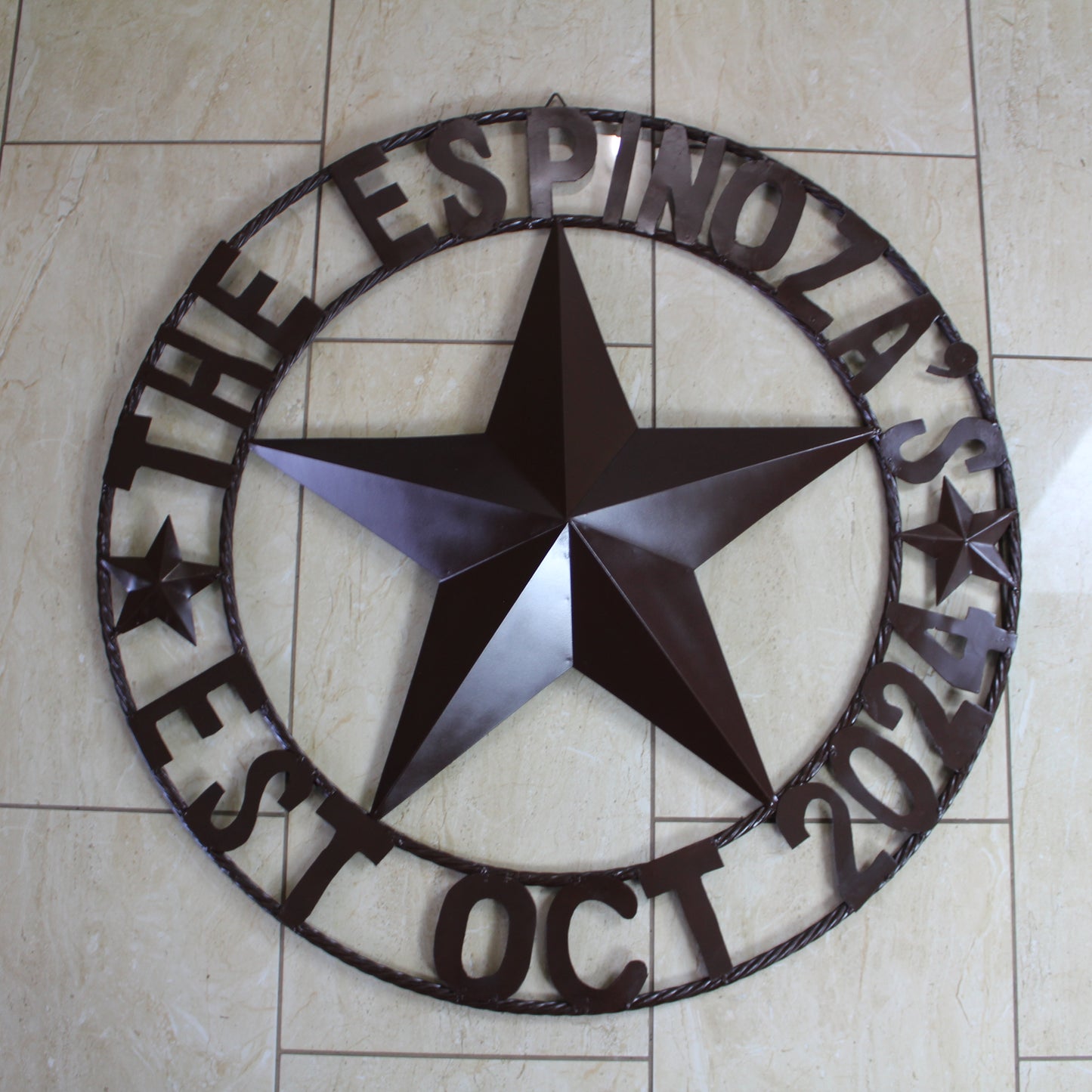 THE ESPINOZA STAR STYLE YOUR CUSTOM FAMILY NAME STAR METAL BARN STAR TWISTED ROPE RING WESTERN HOME DECOR RUSTIC BROWN HANDMADE 24",32",36",40",50"