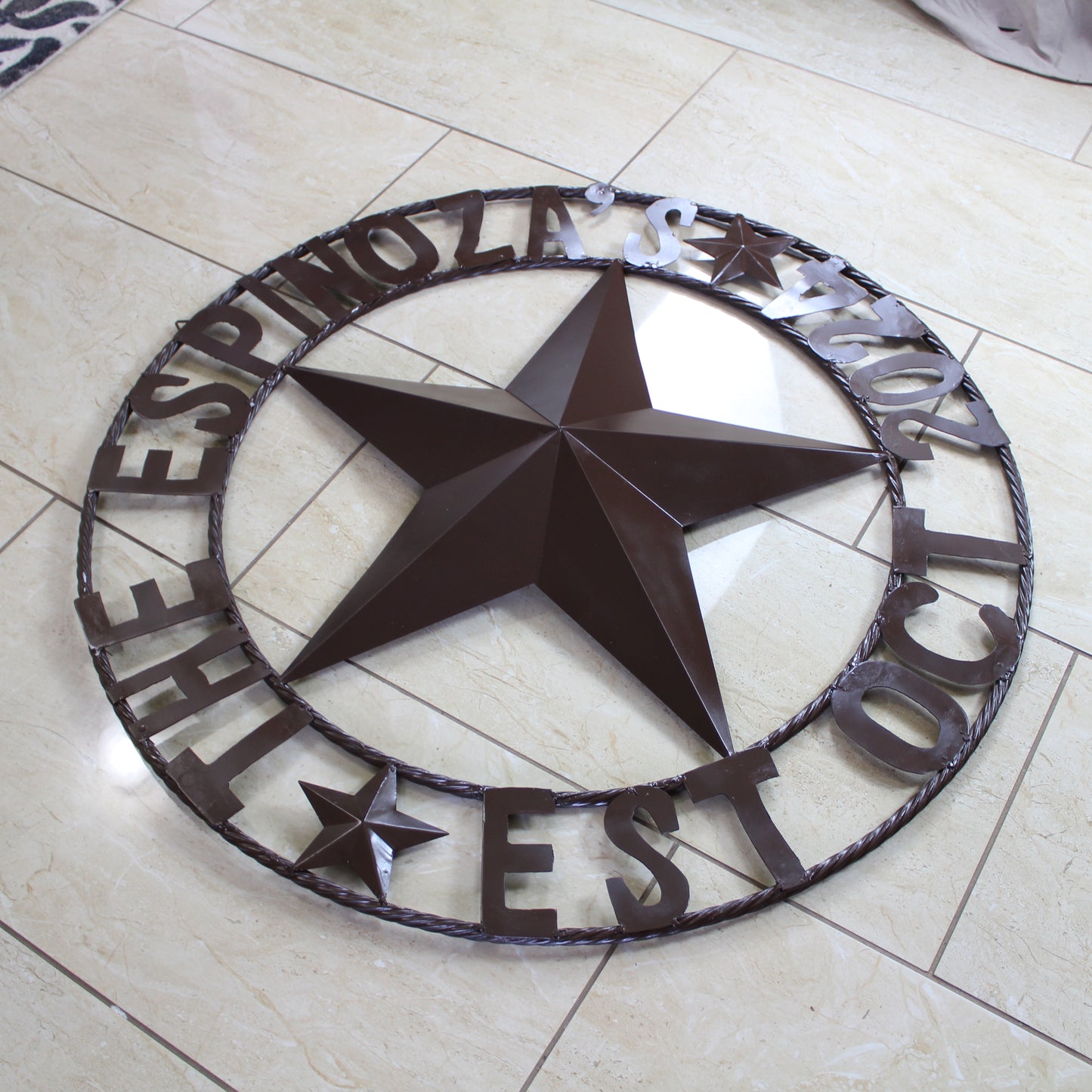 THE ESPINOZA STAR STYLE YOUR CUSTOM FAMILY NAME STAR METAL BARN STAR TWISTED ROPE RING WESTERN HOME DECOR RUSTIC BROWN HANDMADE 24",32",36",40",50"