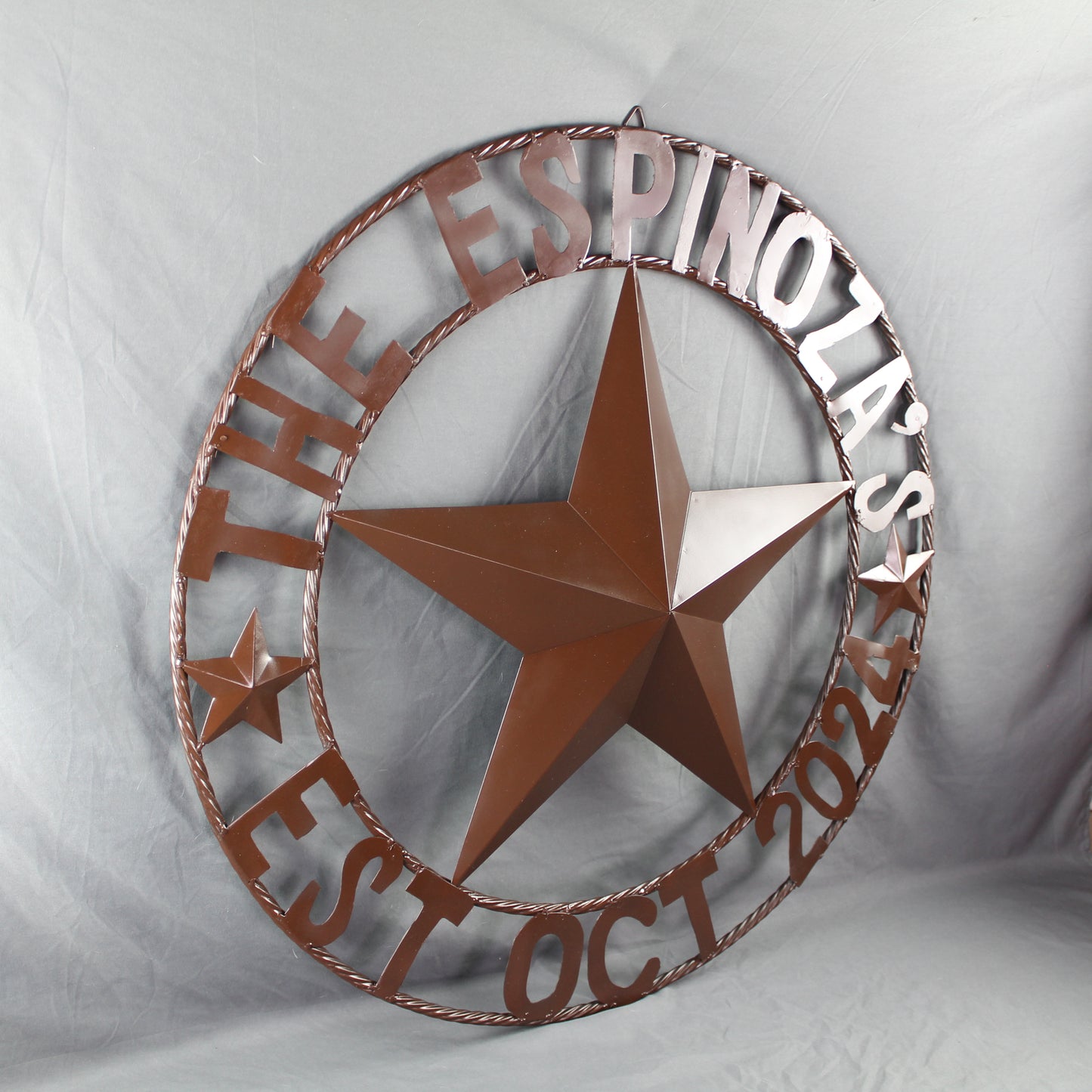 THE ESPINOZA STAR STYLE YOUR CUSTOM FAMILY NAME STAR METAL BARN STAR TWISTED ROPE RING WESTERN HOME DECOR RUSTIC BROWN HANDMADE 24",32",36",40",50"