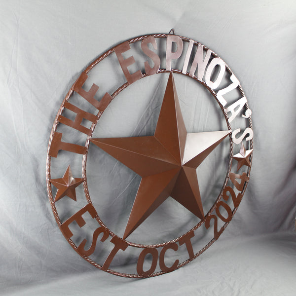 THE ESPINOZA STAR STYLE YOUR CUSTOM FAMILY NAME STAR METAL BARN STAR TWISTED ROPE RING WESTERN HOME DECOR RUSTIC BROWN HANDMADE 24",32",36",40",50"