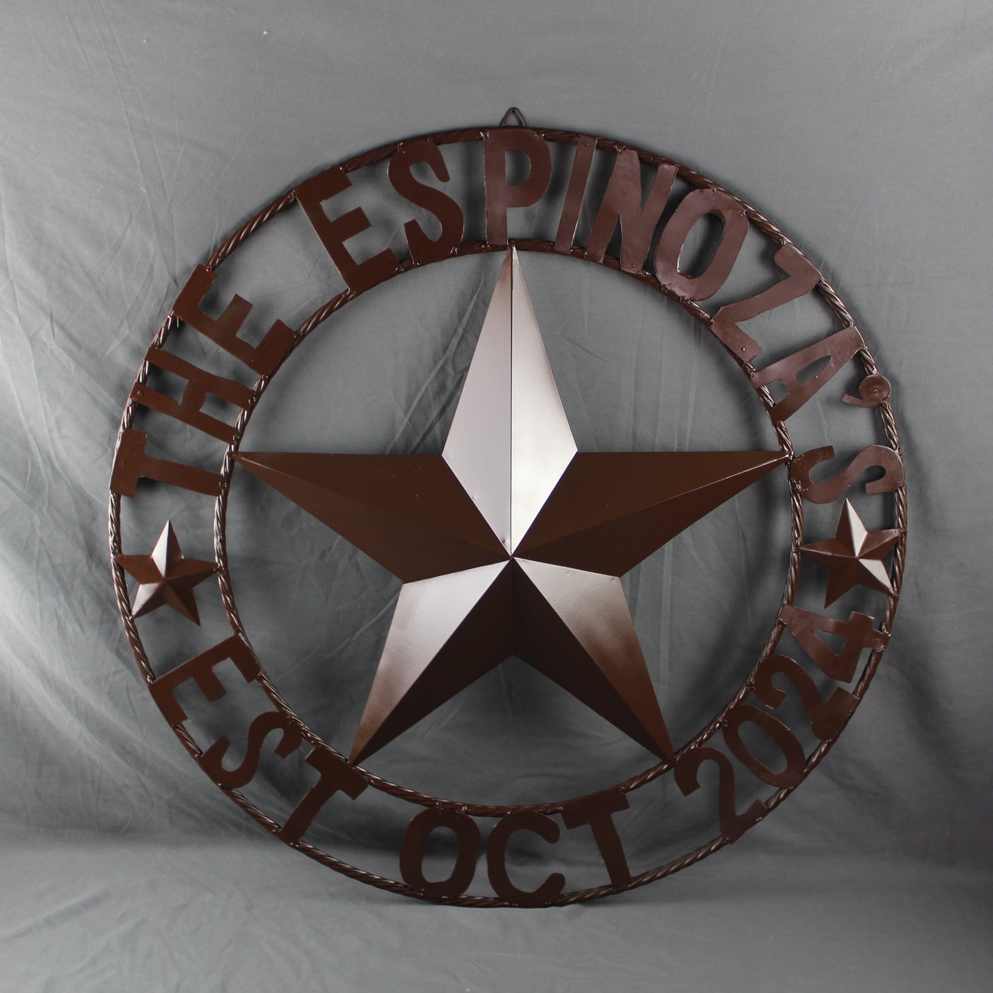 THE ESPINOZA STAR STYLE YOUR CUSTOM FAMILY NAME STAR METAL BARN STAR TWISTED ROPE RING WESTERN HOME DECOR RUSTIC BROWN HANDMADE 24",32",36",40",50"