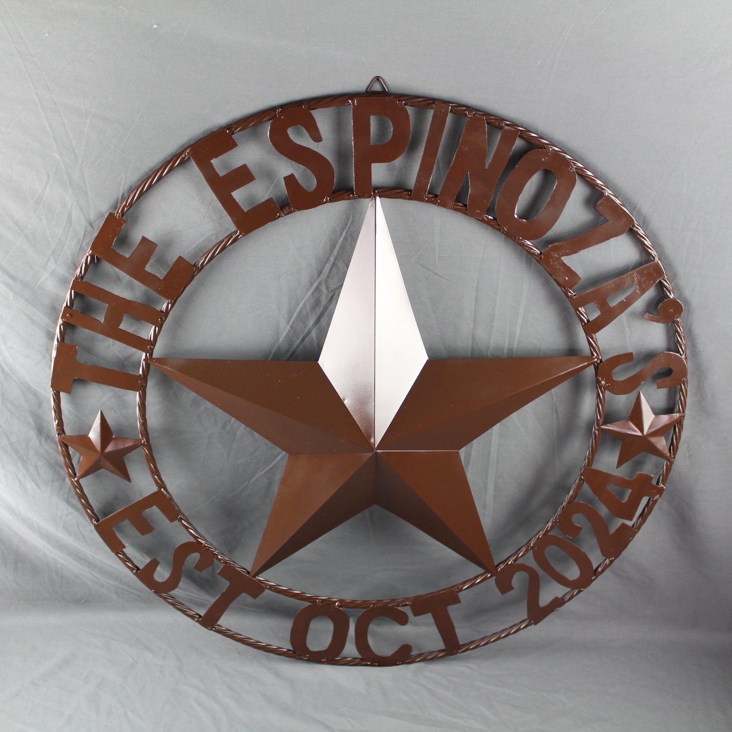 THE ESPINOZA STAR STYLE YOUR CUSTOM FAMILY NAME STAR METAL BARN STAR TWISTED ROPE RING WESTERN HOME DECOR RUSTIC BROWN HANDMADE 24",32",36",40",50"