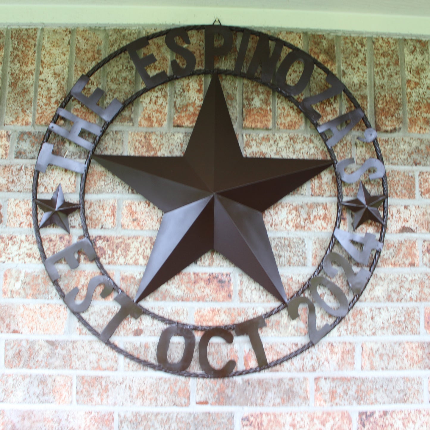 THE ESPINOZA STAR STYLE YOUR CUSTOM FAMILY NAME STAR METAL BARN STAR TWISTED ROPE RING WESTERN HOME DECOR RUSTIC BROWN HANDMADE 24",32",36",40",50"
