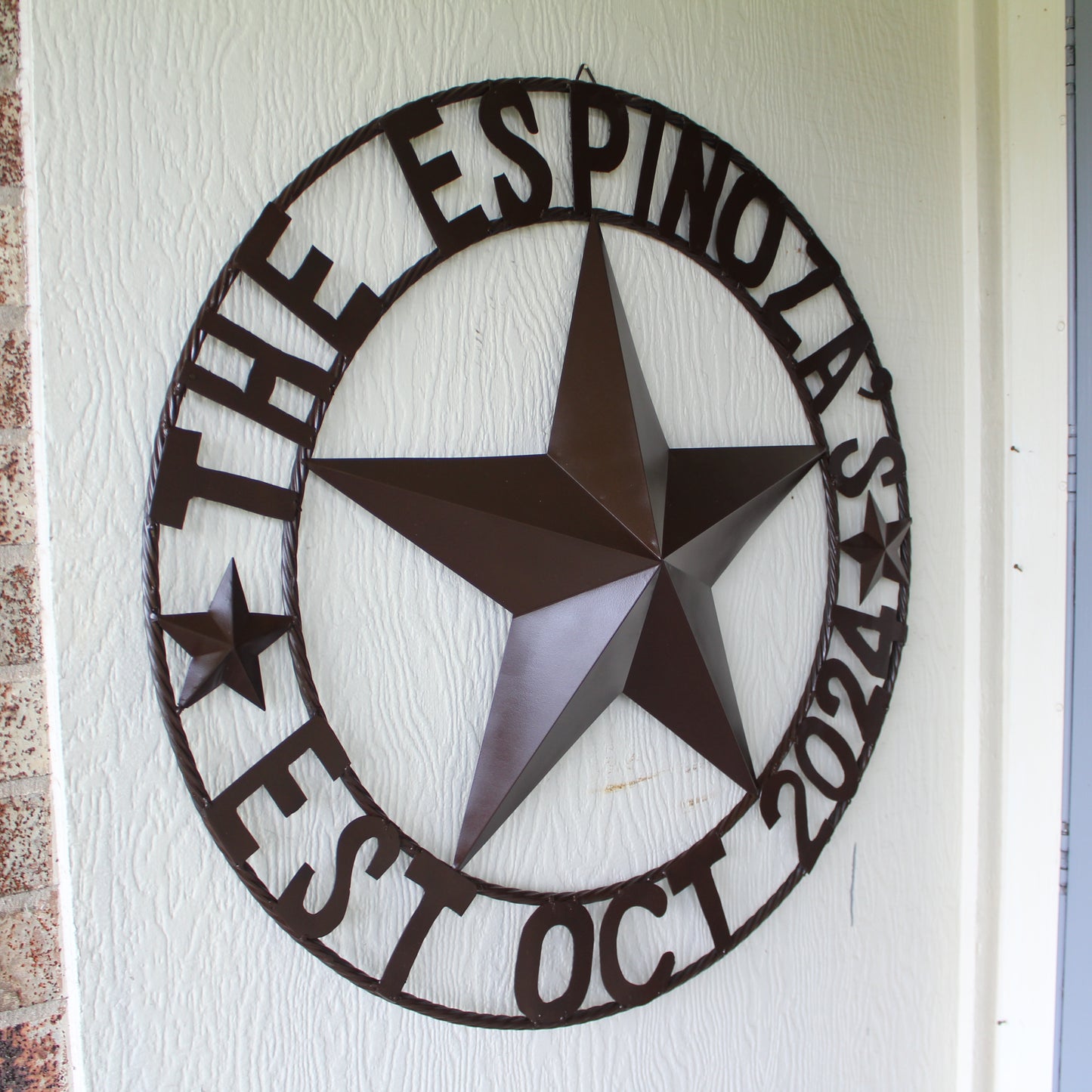 THE ESPINOZA STAR STYLE YOUR CUSTOM FAMILY NAME STAR METAL BARN STAR TWISTED ROPE RING WESTERN HOME DECOR RUSTIC BROWN HANDMADE 24",32",36",40",50"