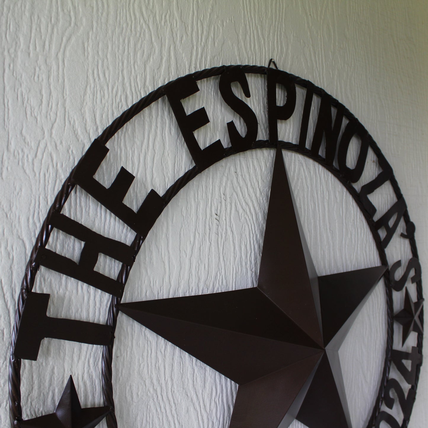 THE ESPINOZA STAR STYLE YOUR CUSTOM FAMILY NAME STAR METAL BARN STAR TWISTED ROPE RING WESTERN HOME DECOR RUSTIC BROWN HANDMADE 24",32",36",40",50"