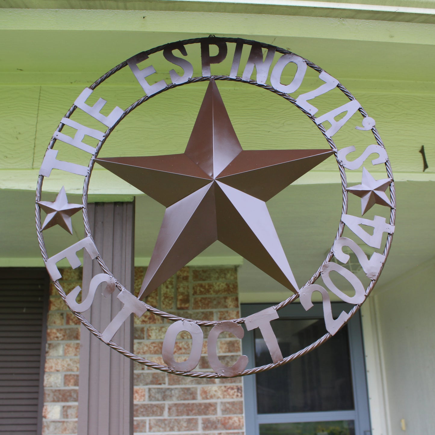 THE ESPINOZA STAR STYLE YOUR CUSTOM FAMILY NAME STAR METAL BARN STAR TWISTED ROPE RING WESTERN HOME DECOR RUSTIC BROWN HANDMADE 24",32",36",40",50"