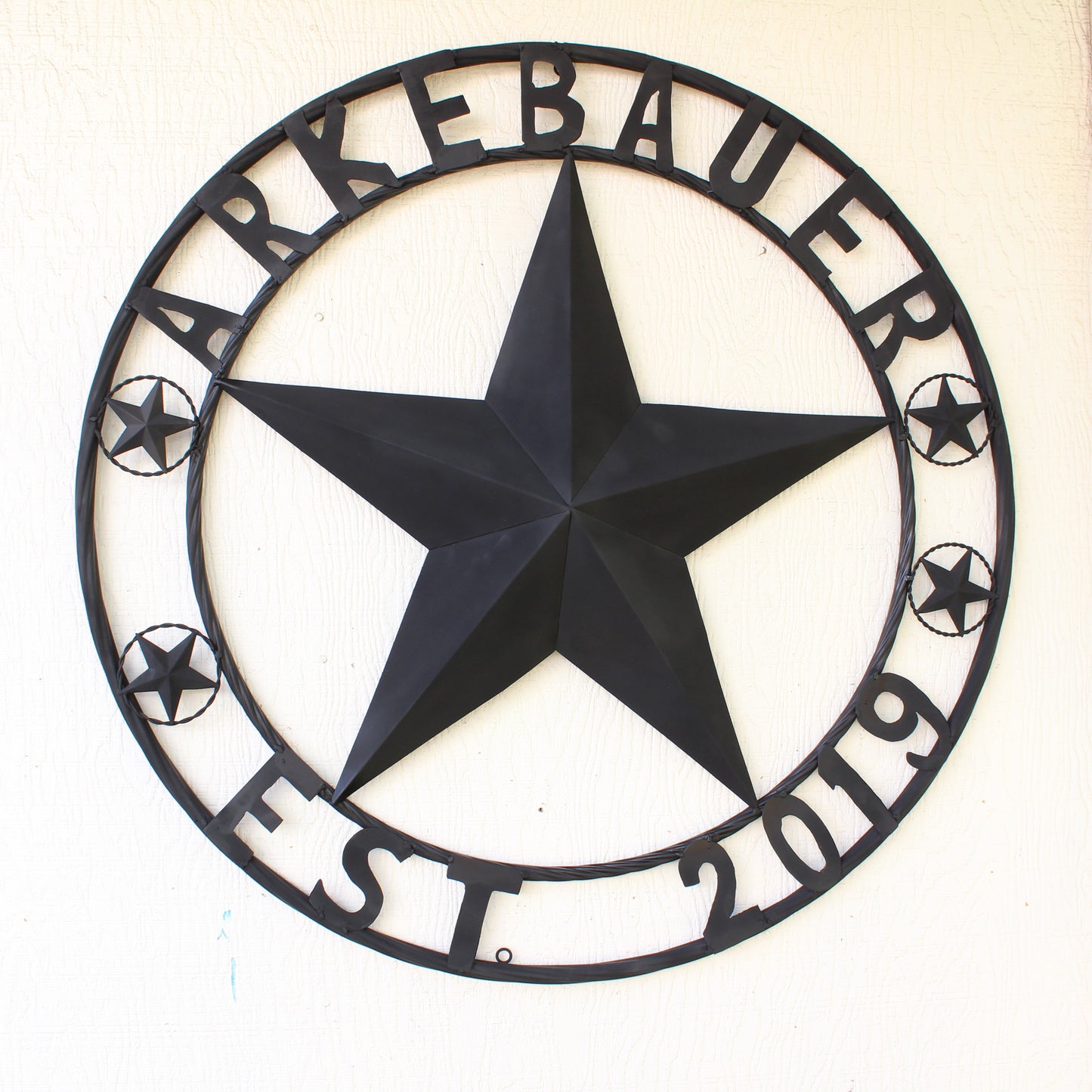 ARKEBAUER STAR STYLE YOUR CUSTOM FAMILY NAME STAR METAL BARN STAR TWISTED ROPE RING WESTERN HOME DECOR RUSTIC BLACK HANDMADE 24",32",36",40",50"