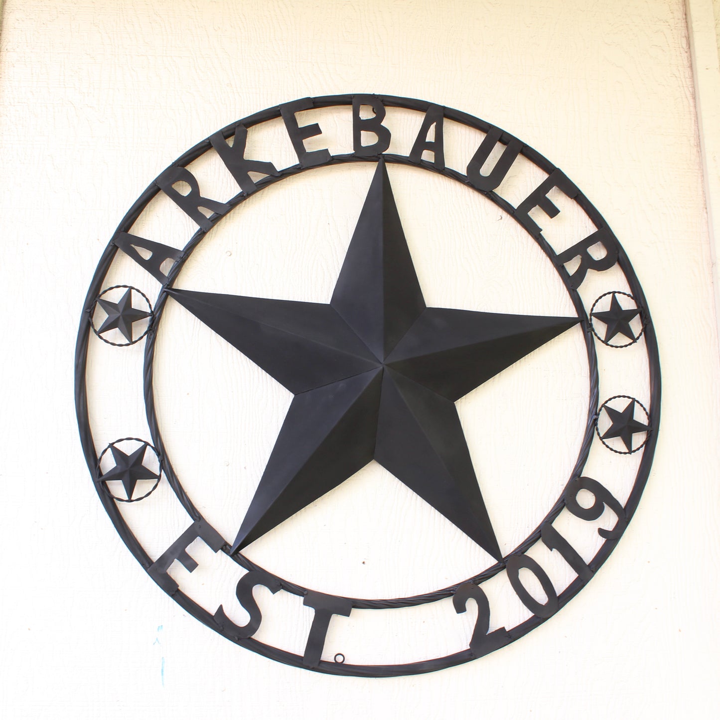 ARKEBAUER STAR STYLE YOUR CUSTOM FAMILY NAME STAR METAL BARN STAR TWISTED ROPE RING WESTERN HOME DECOR RUSTIC BLACK HANDMADE 24",32",36",40",50"