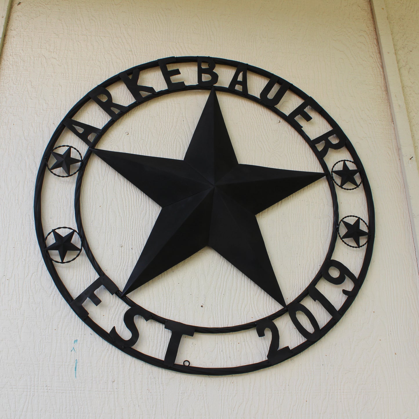 ARKEBAUER STAR STYLE YOUR CUSTOM FAMILY NAME STAR METAL BARN STAR TWISTED ROPE RING WESTERN HOME DECOR RUSTIC BLACK HANDMADE 24",32",36",40",50"