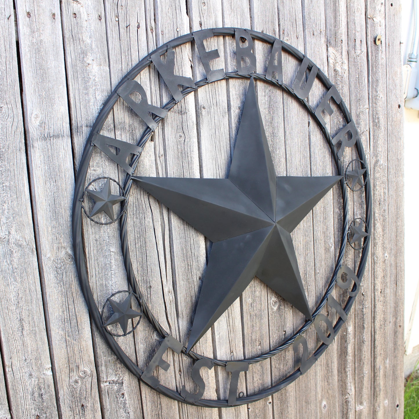 ARKEBAUER STAR STYLE YOUR CUSTOM FAMILY NAME STAR METAL BARN STAR TWISTED ROPE RING WESTERN HOME DECOR RUSTIC BLACK HANDMADE 24",32",36",40",50"