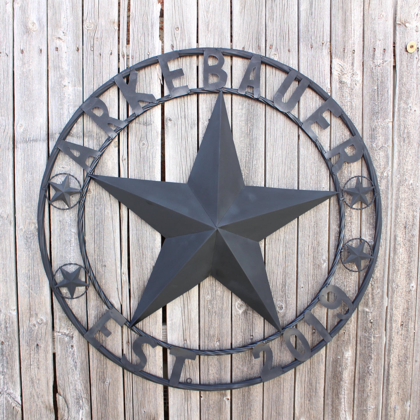 ARKEBAUER STAR STYLE YOUR CUSTOM FAMILY NAME STAR METAL BARN STAR TWISTED ROPE RING WESTERN HOME DECOR RUSTIC BLACK HANDMADE 24",32",36",40",50"