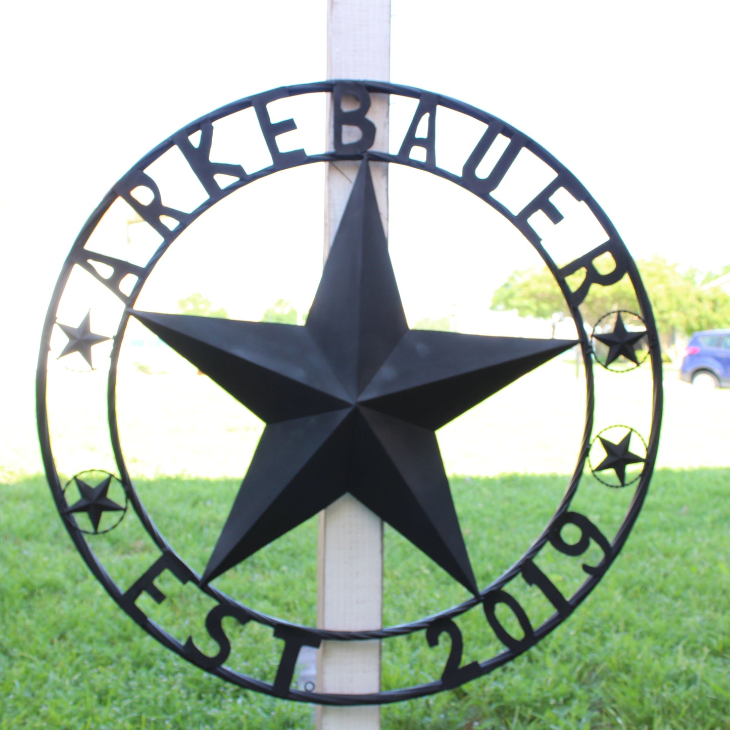 ARKEBAUER STAR STYLE YOUR CUSTOM FAMILY NAME STAR METAL BARN STAR TWISTED ROPE RING WESTERN HOME DECOR RUSTIC BLACK HANDMADE 24",32",36",40",50"