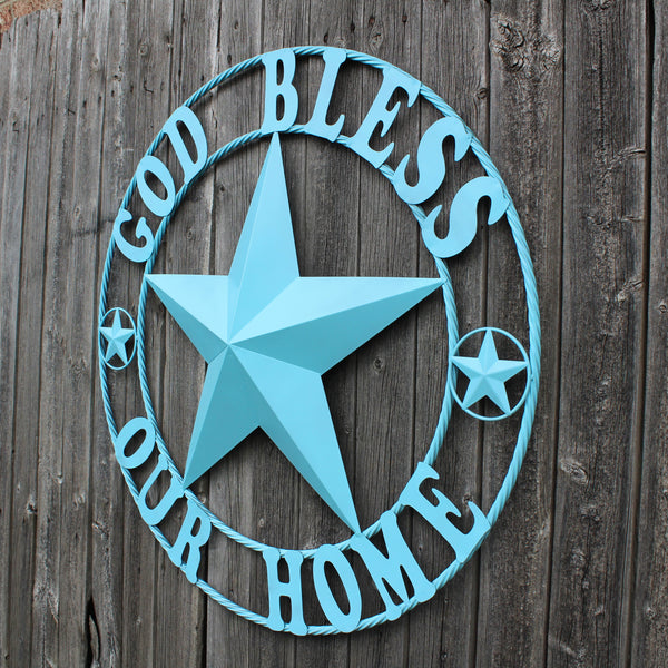 GOD BLESS OUR HOME BARN STAR TURQUOISE AQUA METAL LONE STAR TWISTED ROPE RING WESTERN HOME DECOR HANDMADE #EH12843