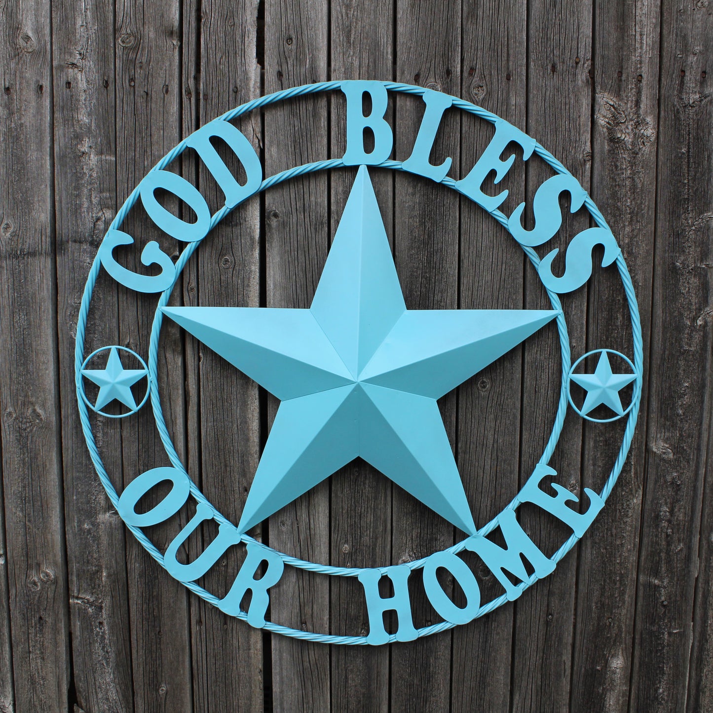 GOD BLESS OUR HOME BARN STAR TURQUOISE AQUA METAL LONE STAR TWISTED ROPE RING WESTERN HOME DECOR HANDMADE #EH12843