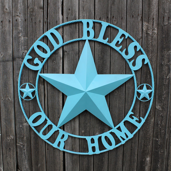 GOD BLESS OUR HOME BARN STAR TURQUOISE AQUA METAL LONE STAR TWISTED ROPE RING WESTERN HOME DECOR HANDMADE #EH12843