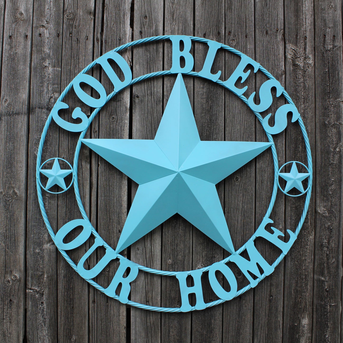 GOD BLESS OUR HOME BARN STAR TURQUOISE AQUA METAL LONE STAR TWISTED ROPE RING WESTERN HOME DECOR HANDMADE #EH12843