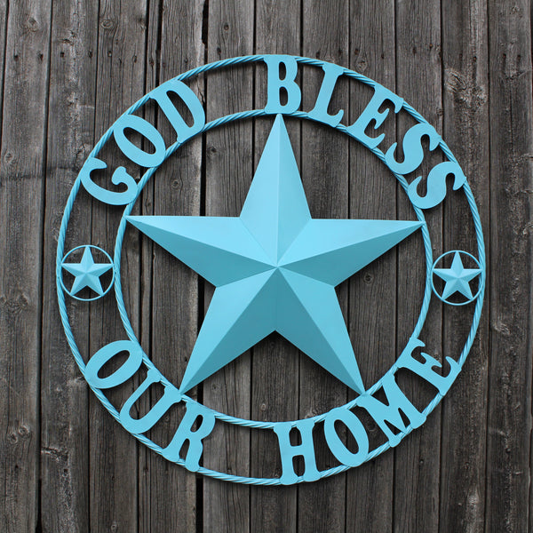 GOD BLESS OUR HOME BARN STAR TURQUOISE AQUA METAL LONE STAR TWISTED ROPE RING WESTERN HOME DECOR HANDMADE #EH12843