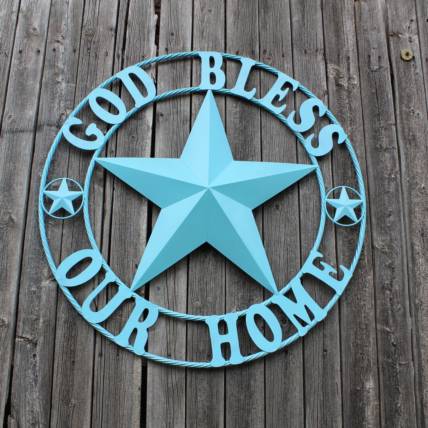 GOD BLESS OUR HOME BARN STAR TURQUOISE AQUA METAL LONE STAR TWISTED ROPE RING WESTERN HOME DECOR HANDMADE #EH12843