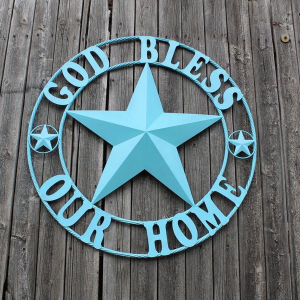 GOD BLESS OUR HOME BARN STAR TURQUOISE AQUA METAL LONE STAR TWISTED ROPE RING WESTERN HOME DECOR HANDMADE #EH12843