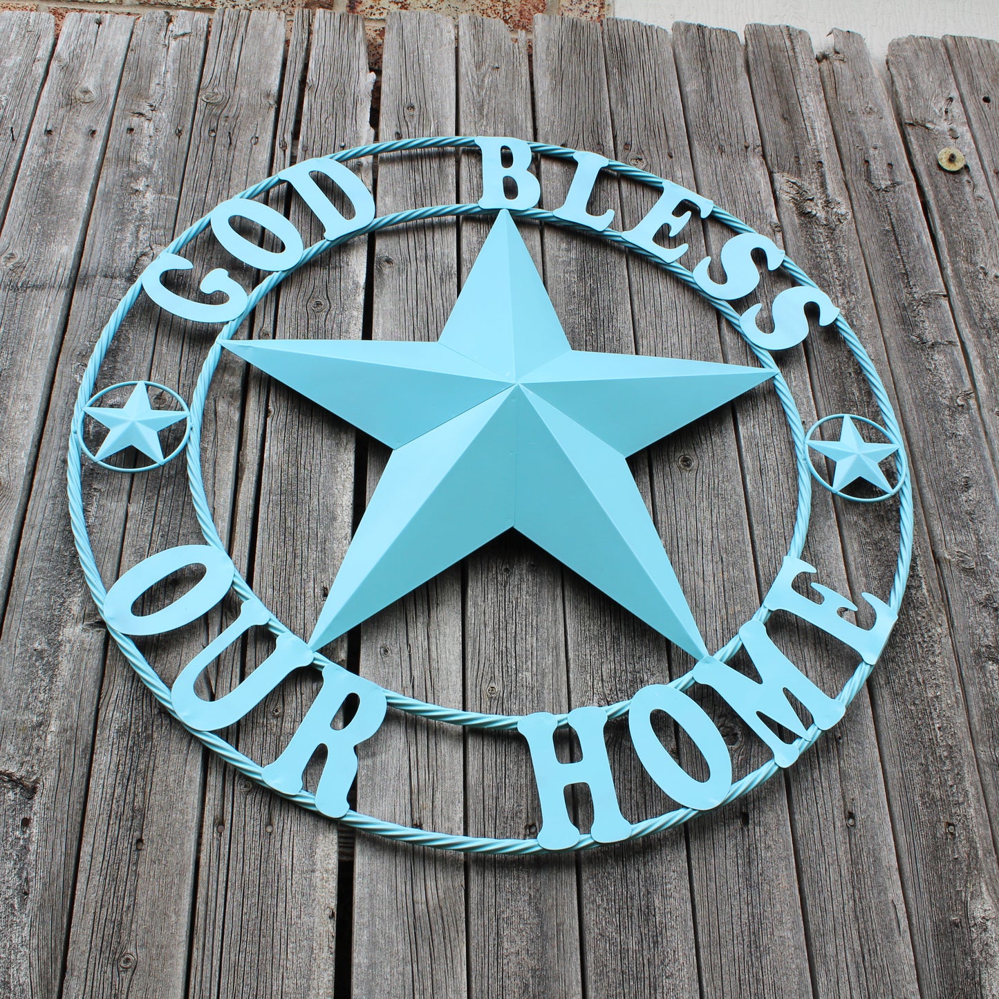 GOD BLESS OUR HOME BARN STAR TURQUOISE AQUA METAL LONE STAR TWISTED ROPE RING WESTERN HOME DECOR HANDMADE #EH12843