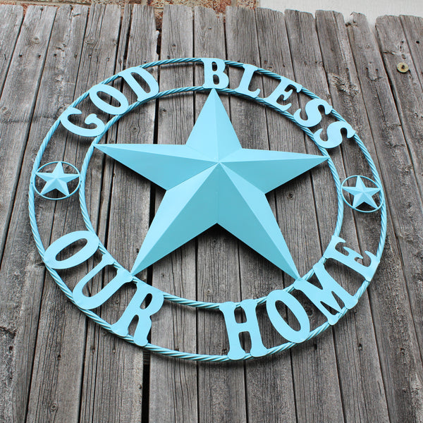 GOD BLESS OUR HOME BARN STAR TURQUOISE AQUA METAL LONE STAR TWISTED ROPE RING WESTERN HOME DECOR HANDMADE #EH12843