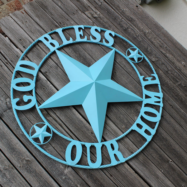 GOD BLESS OUR HOME BARN STAR TURQUOISE AQUA METAL LONE STAR TWISTED ROPE RING WESTERN HOME DECOR HANDMADE #EH12843