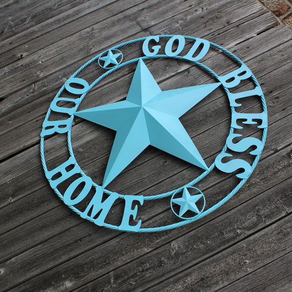 GOD BLESS OUR HOME BARN STAR TURQUOISE AQUA METAL LONE STAR TWISTED ROPE RING WESTERN HOME DECOR HANDMADE #EH12843
