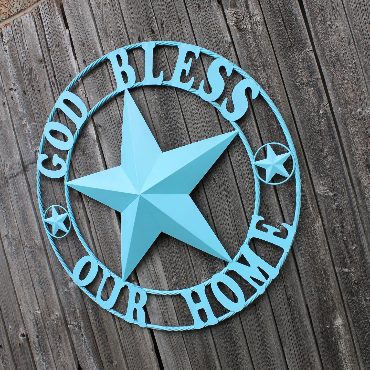 GOD BLESS OUR HOME BARN STAR TURQUOISE AQUA METAL LONE STAR TWISTED ROPE RING WESTERN HOME DECOR HANDMADE #EH12843