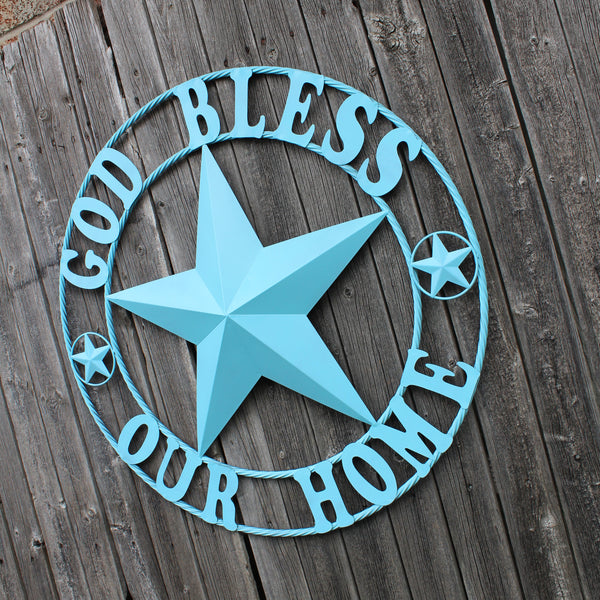 GOD BLESS OUR HOME BARN STAR TURQUOISE AQUA METAL LONE STAR TWISTED ROPE RING WESTERN HOME DECOR HANDMADE #EH12843