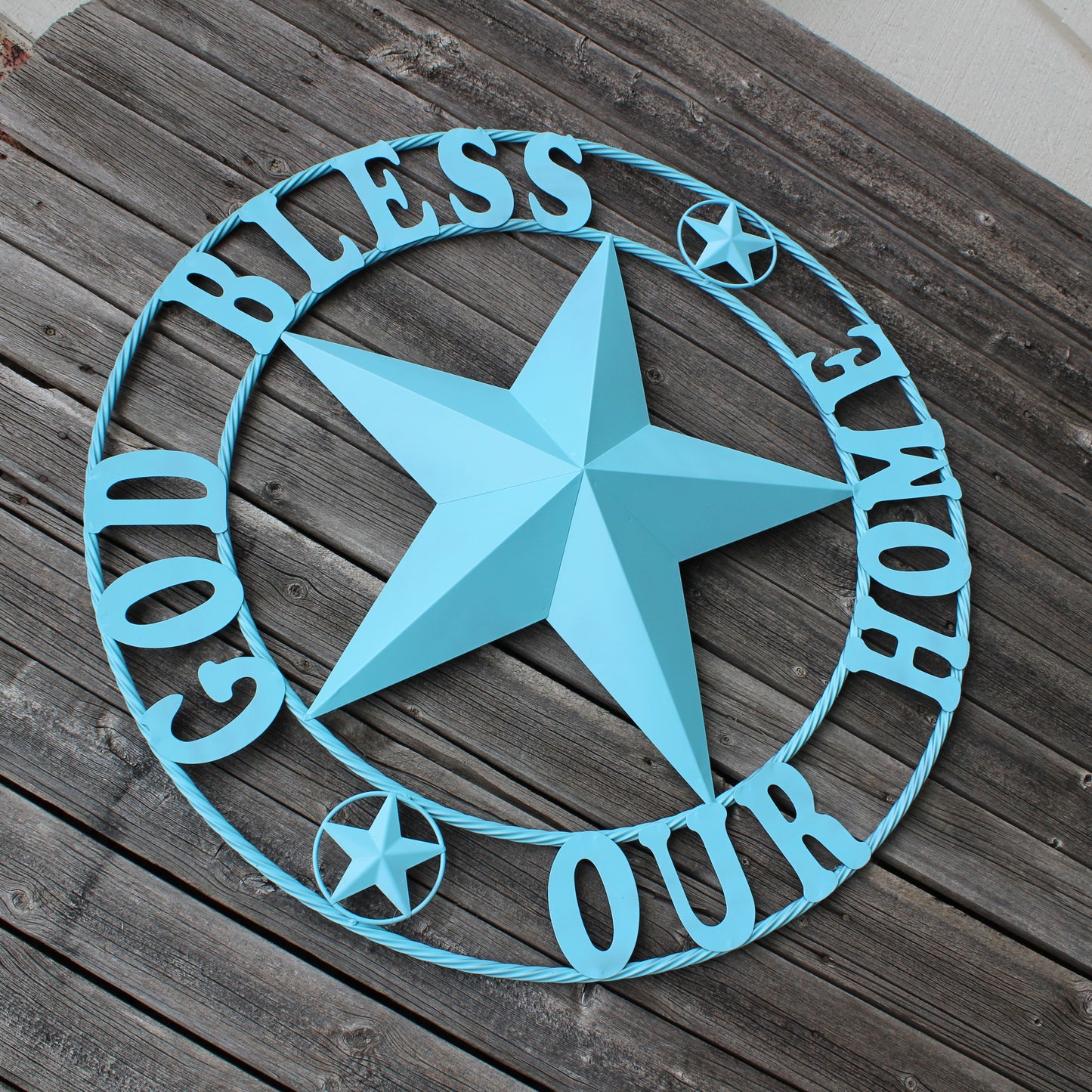 GOD BLESS OUR HOME BARN STAR TURQUOISE AQUA METAL LONE STAR TWISTED ROPE RING WESTERN HOME DECOR HANDMADE #EH12843