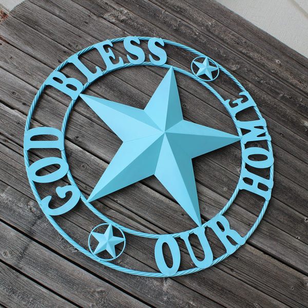 GOD BLESS OUR HOME BARN STAR TURQUOISE AQUA METAL LONE STAR TWISTED ROPE RING WESTERN HOME DECOR HANDMADE #EH12843